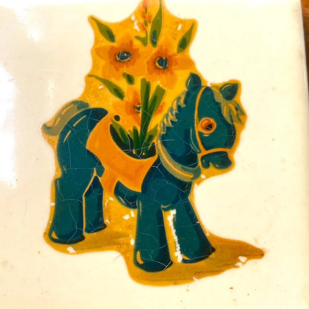 Vintage Yellow and Teal Ceramic Animal Tiles - Donkey and Bird Pair